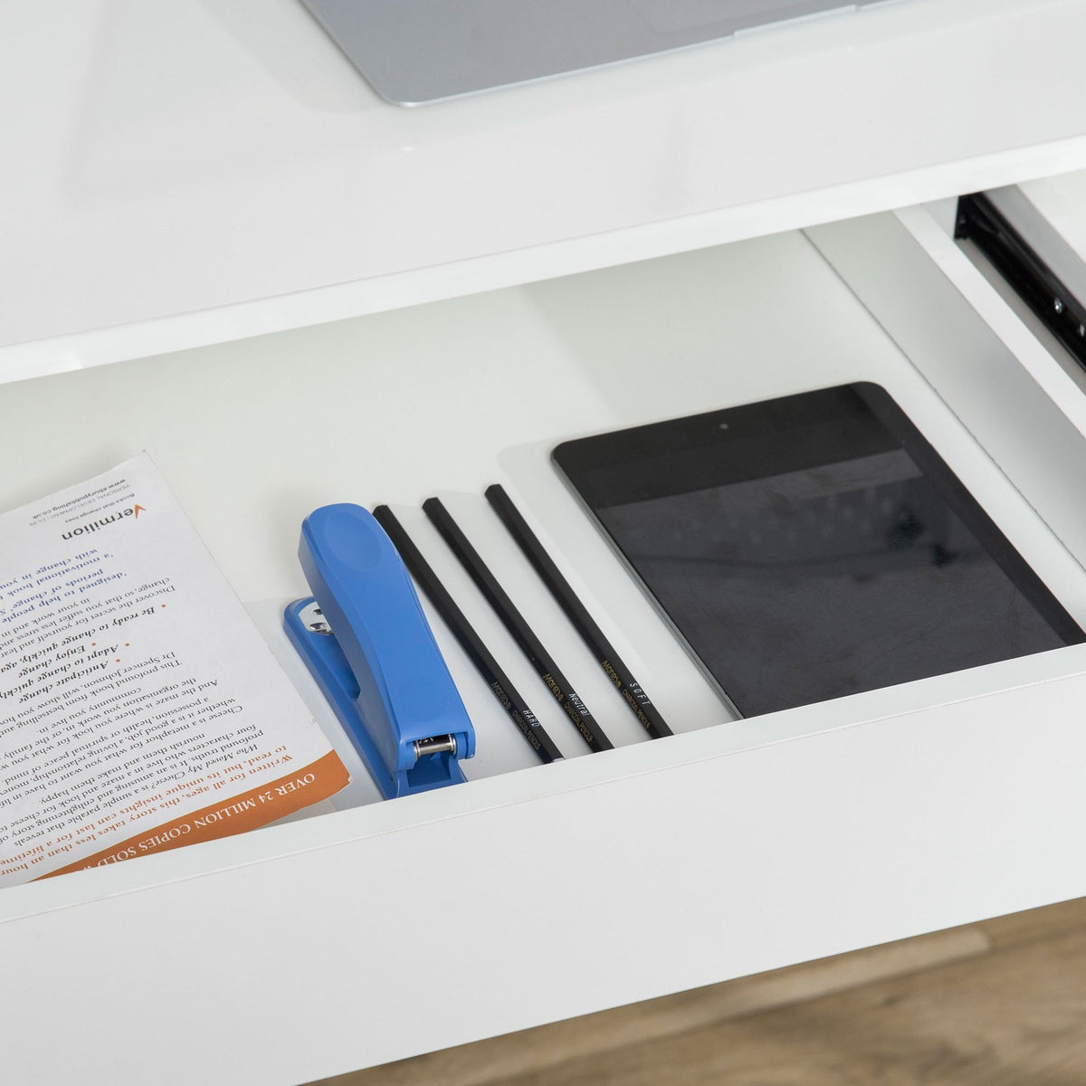 Desk With Fabric Bag Computer Table, 2 Drawers, Note Grid, Grid Wall Hooks, Steel Chipboard, White + Gray, 110X58.5X127 Cm