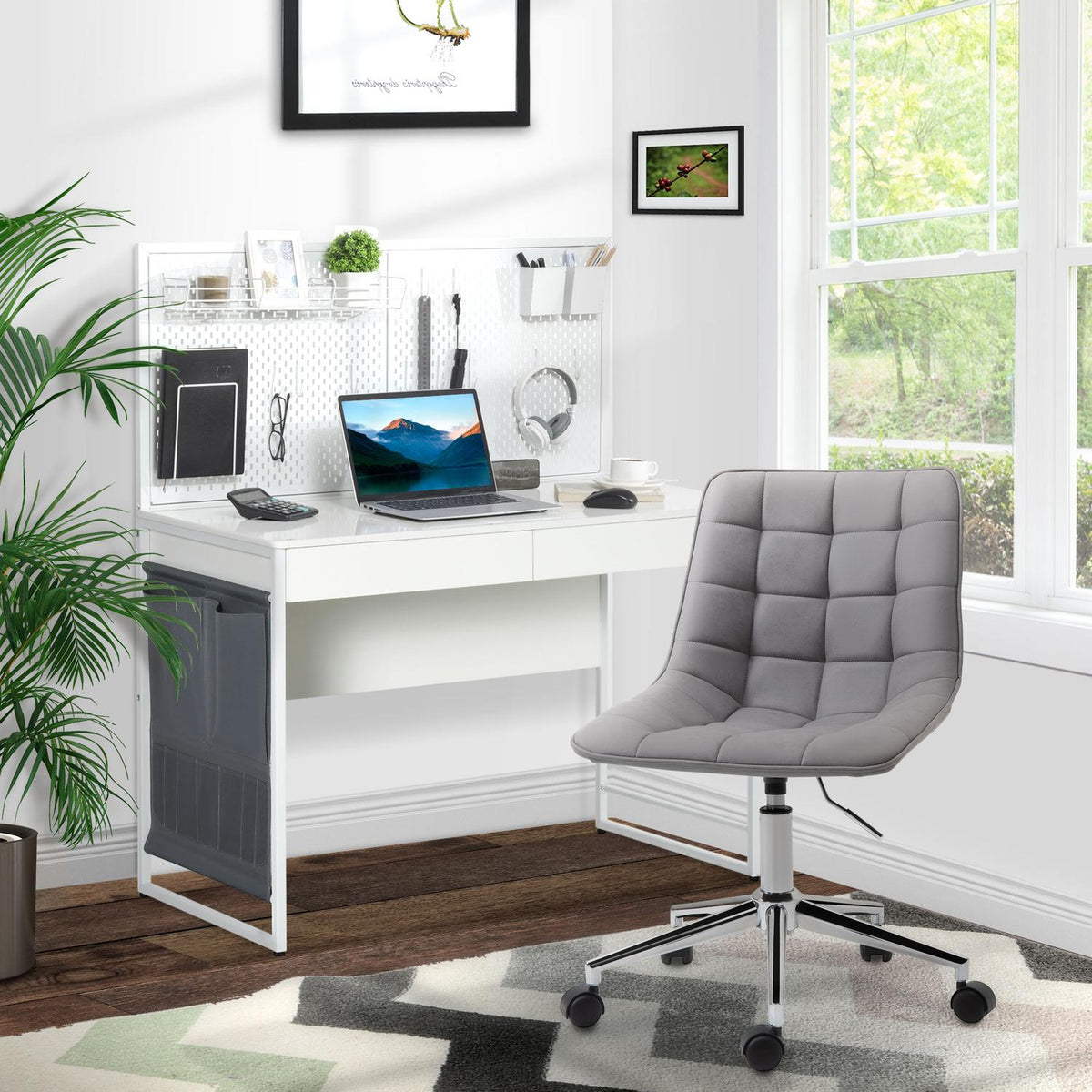 Desk With Fabric Bag Computer Table, 2 Drawers, Note Grid, Grid Wall Hooks, Steel Chipboard, White + Gray, 110X58.5X127 Cm