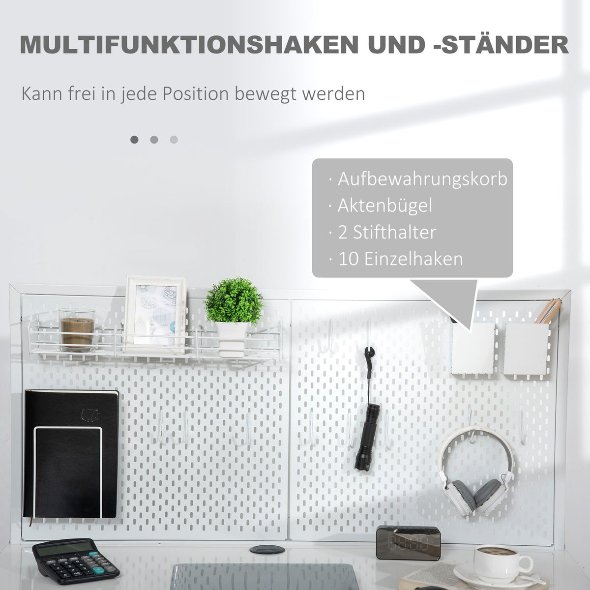 Desk With Fabric Bag Computer Table, 2 Drawers, Note Grid, Grid Wall Hooks, Steel Chipboard, White + Gray, 110X58.5X127 Cm