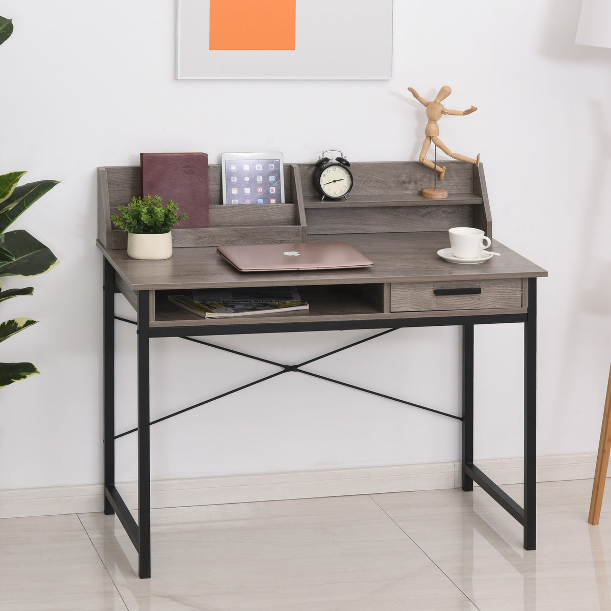 Desk With Shelf And Drawer, Computer Desk, Office Table, Industrial Style, Mdf, Metal, Grey+Black, 106X53X95Cm