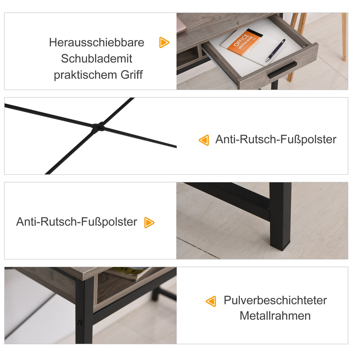 Desk With Shelf And Drawer, Computer Desk, Office Table, Industrial Style, Mdf, Metal, Grey+Black, 106X53X95Cm