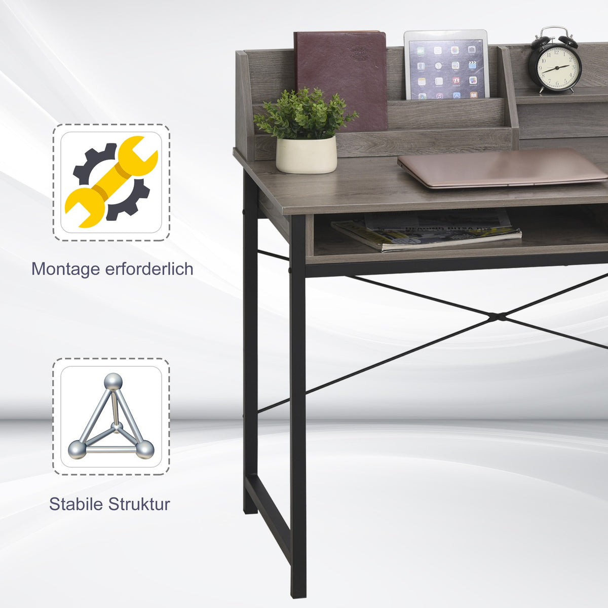 Desk With Shelf And Drawer, Computer Desk, Office Table, Industrial Style, Mdf, Metal, Grey+Black, 106X53X95Cm