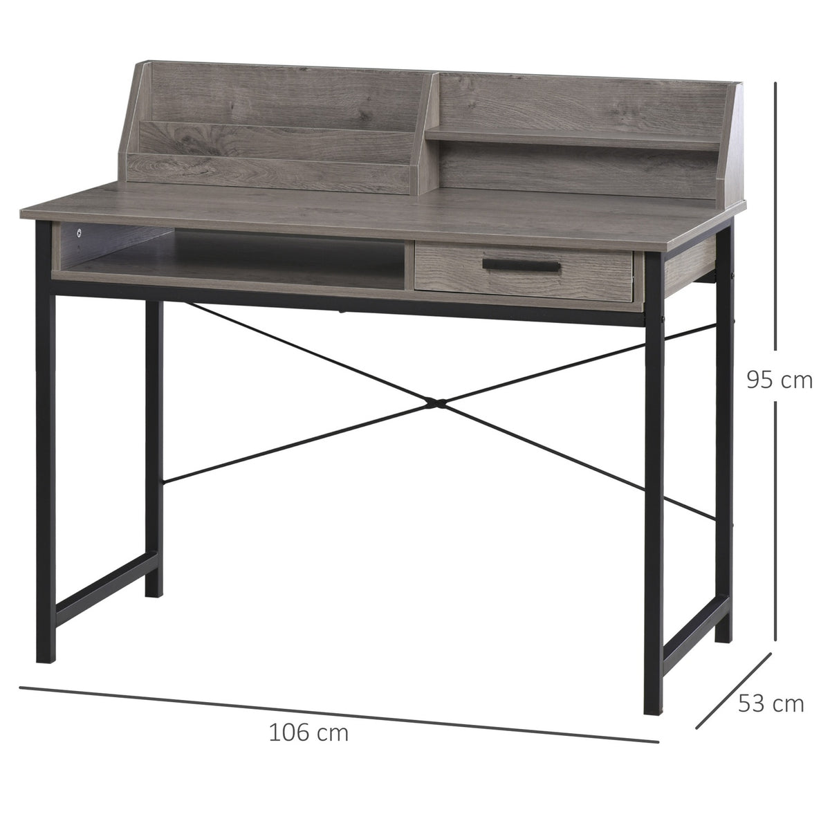 Desk With Shelf And Drawer, Computer Desk, Office Table, Industrial Style, Mdf, Metal, Grey+Black, 106X53X95Cm