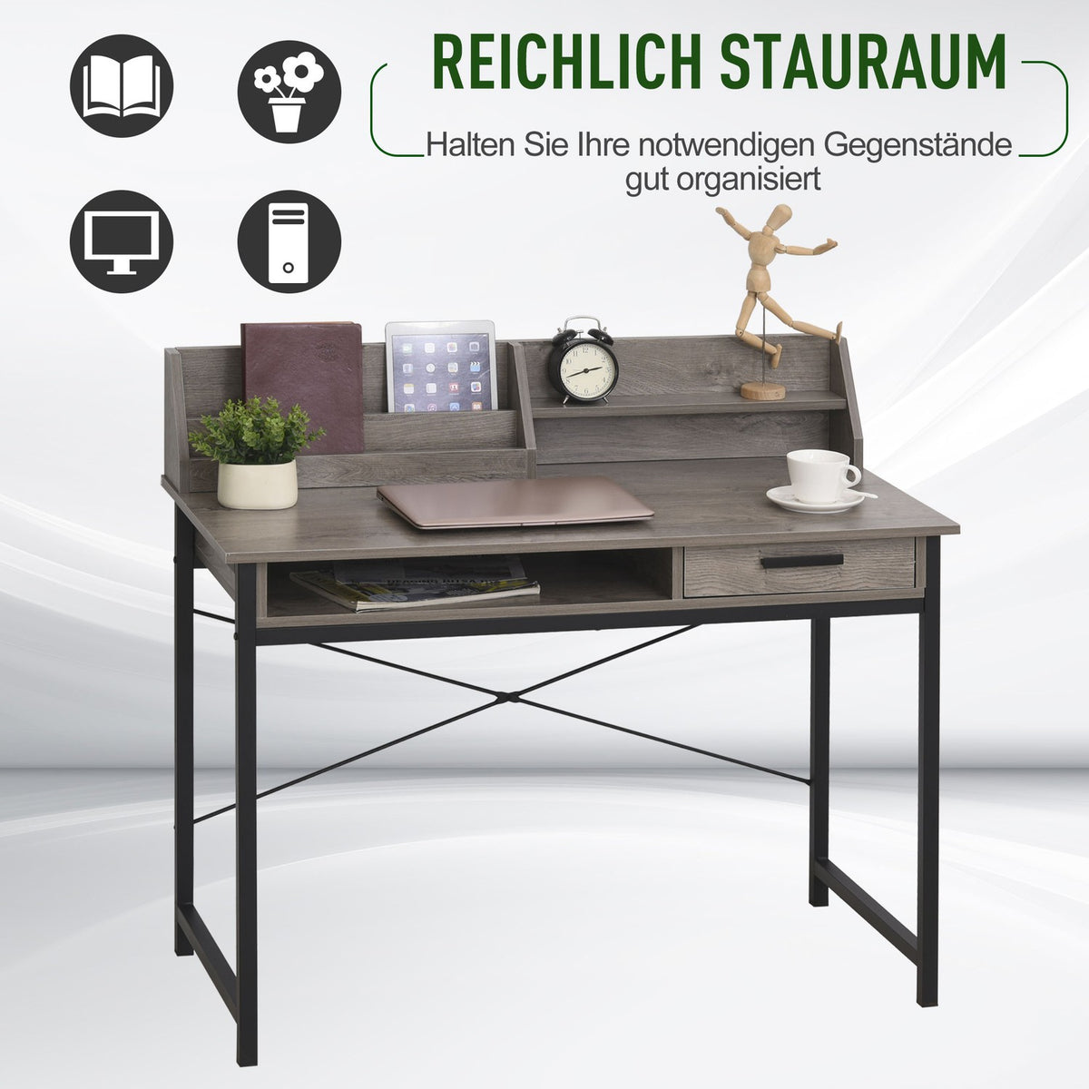 Desk With Shelf And Drawer, Computer Desk, Office Table, Industrial Style, Mdf, Metal, Grey+Black, 106X53X95Cm