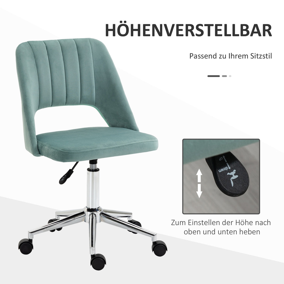 Desk chair, height-adjustable home office chair without armrests, rotating office chair with velvet look, ergonomic make-up chair for bedroom, study, green
