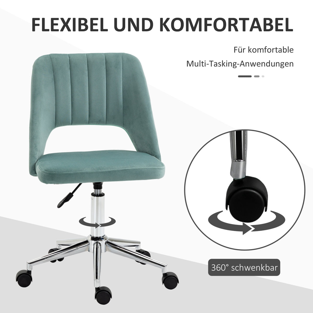 Desk chair, height-adjustable home office chair without armrests, rotating office chair with velvet look, ergonomic make-up chair for bedroom, study, green