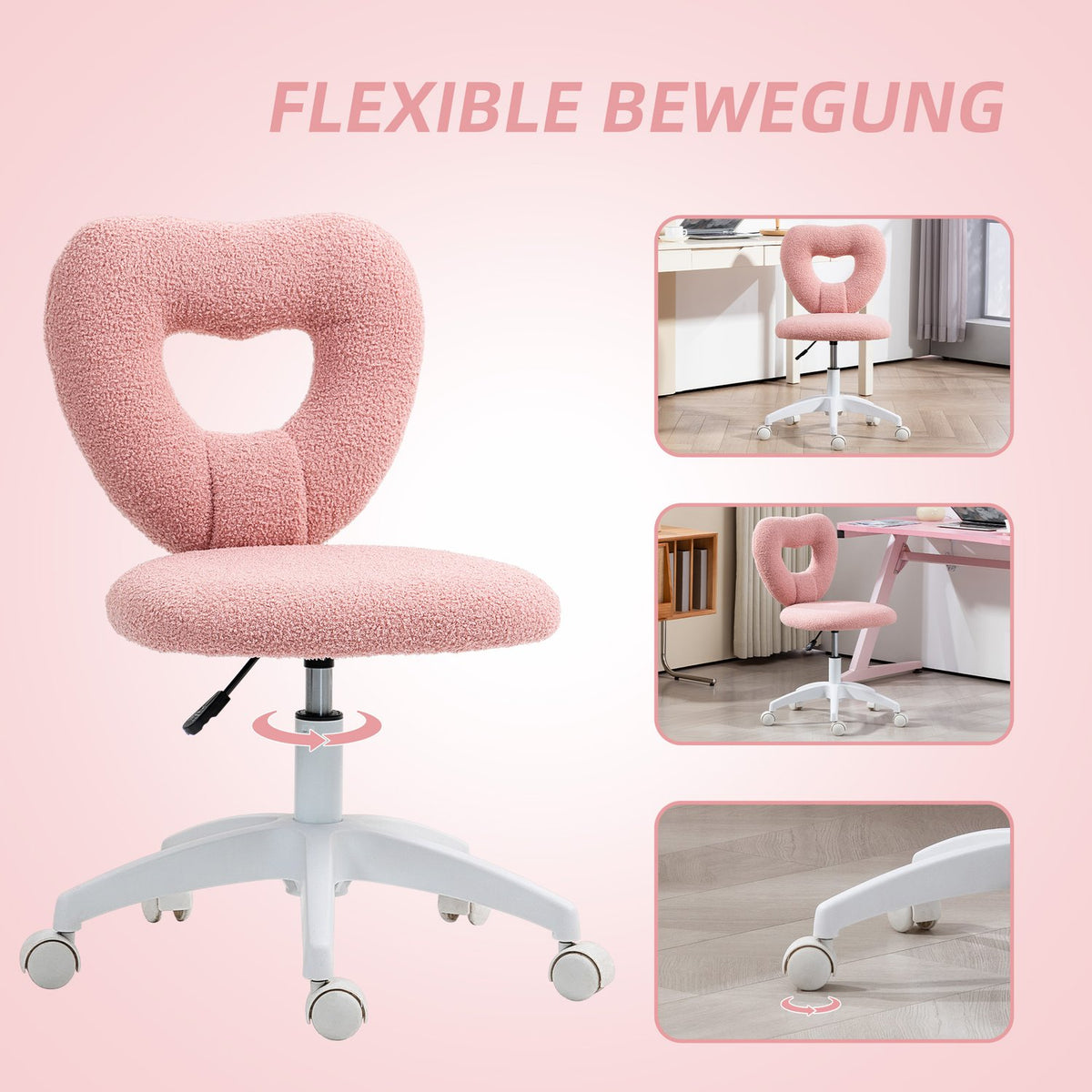 Desk chair, office chair, swivel home office chair with heart-shaped backrest, without armrest, height-adjustable teddy fleece dressing table chair for study, pink
