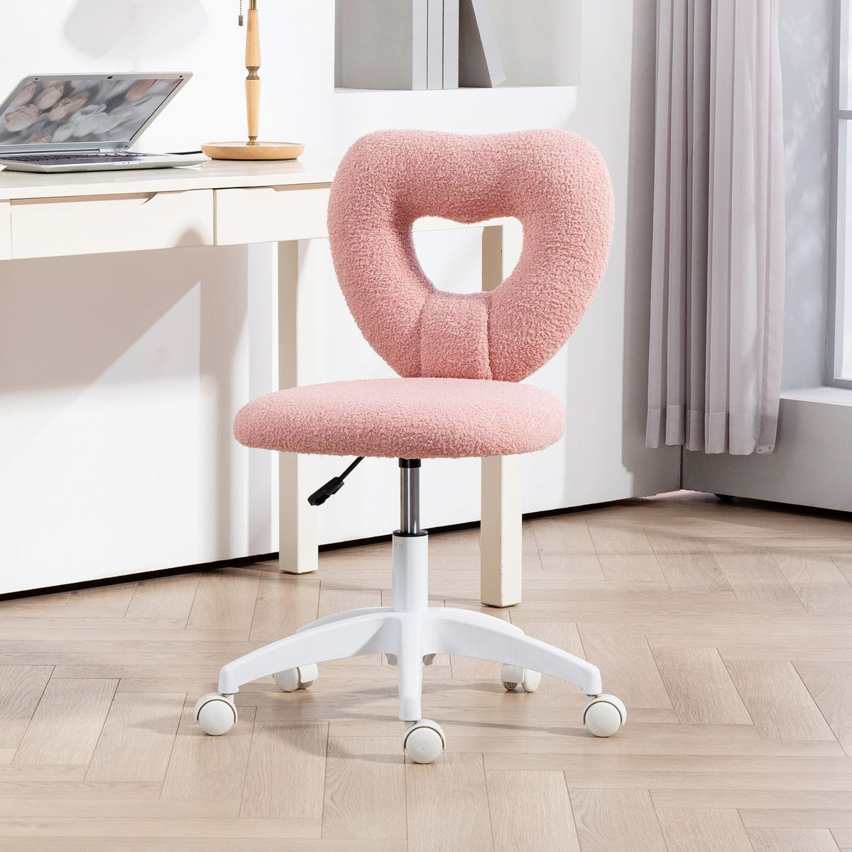 Desk chair, office chair, swivel home office chair with heart-shaped backrest, without armrest, height-adjustable teddy fleece dressing table chair for study, pink