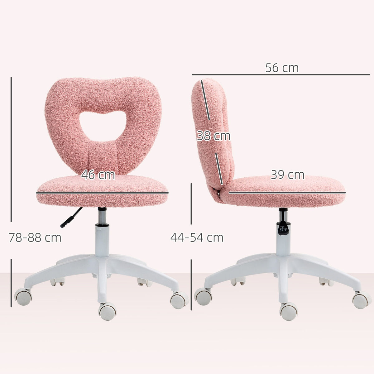 Desk chair, office chair, swivel home office chair with heart-shaped backrest, without armrest, height-adjustable teddy fleece dressing table chair for study, pink