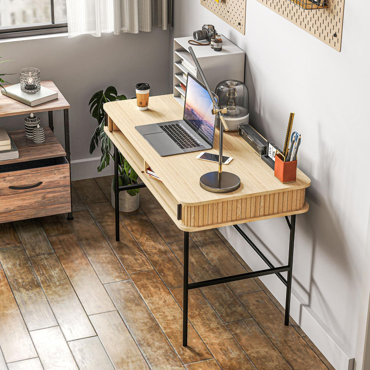 Desk computer desk with storage space, office table with shelf, work table with steel frame, for study office, 120 x 60 x 76.5 cm, oak