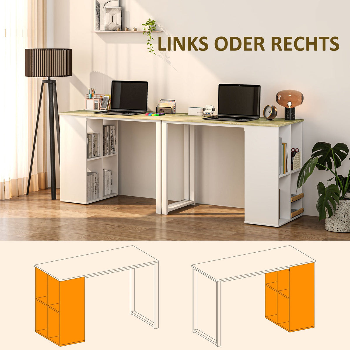 Desk computer table with storage compartments, modern office table with steel frame, PC table for home office, study, small room 100 x 54 x 75 cm, oak