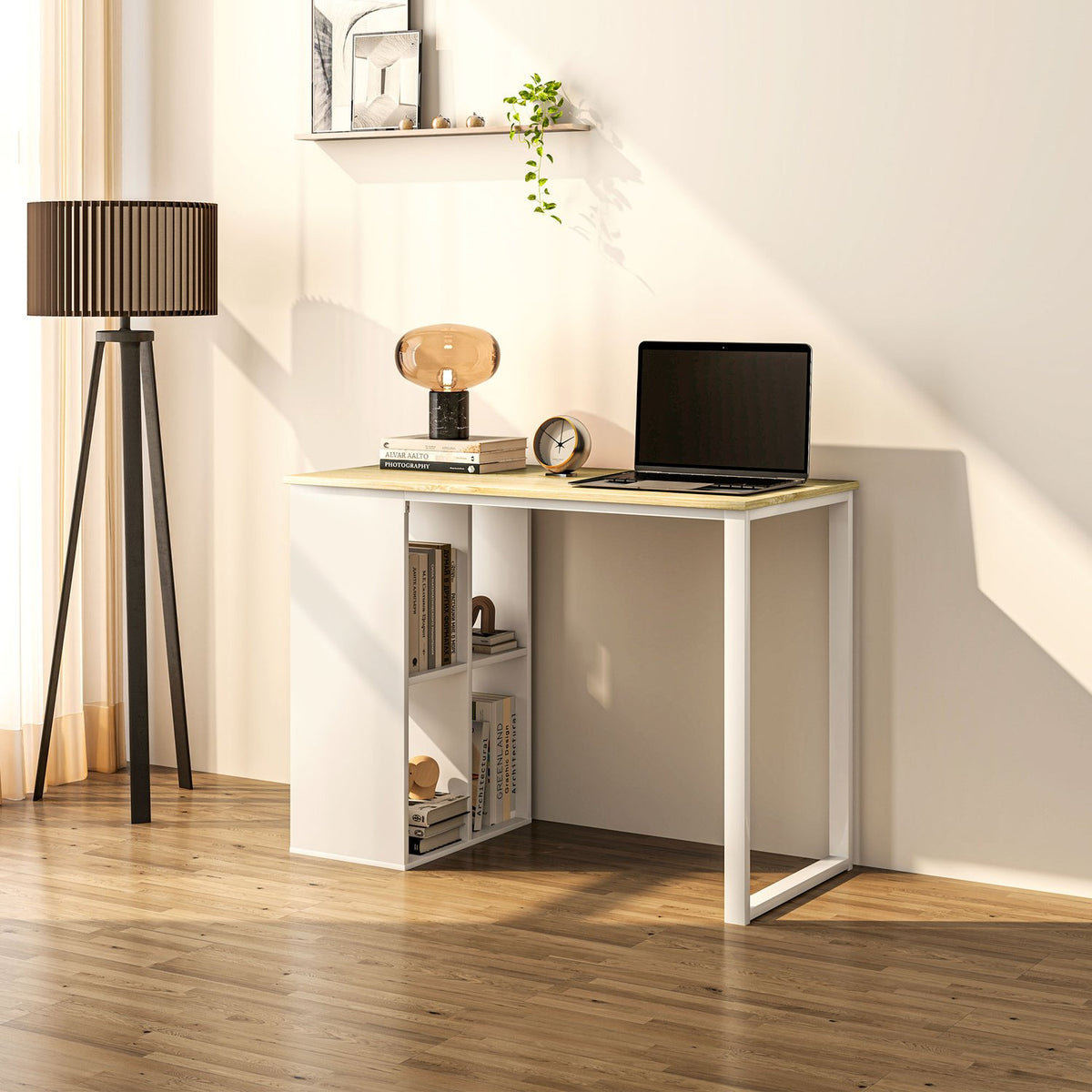 Desk computer table with storage compartments, modern office table with steel frame, PC table for home office, study, small room 100 x 54 x 75 cm, oak