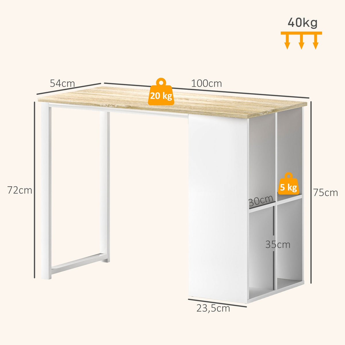 Desk computer table with storage compartments, modern office table with steel frame, PC table for home office, study, small room 100 x 54 x 75 cm, oak