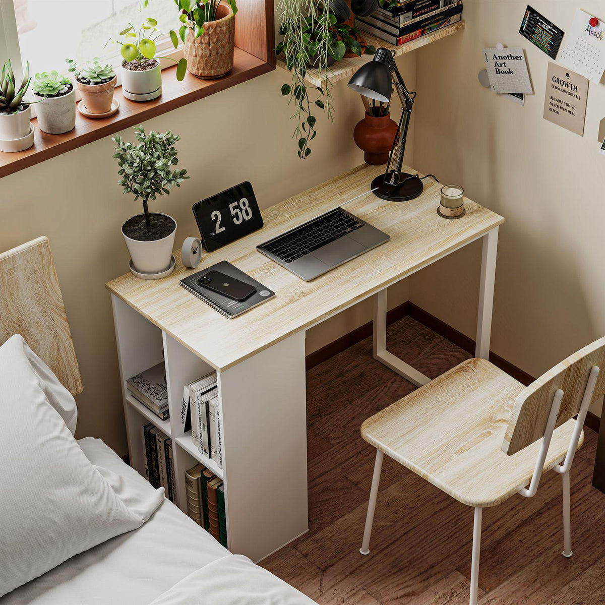 Desk computer table with storage compartments, modern office table with steel frame, PC table for home office, study, small room 100 x 54 x 75 cm, oak