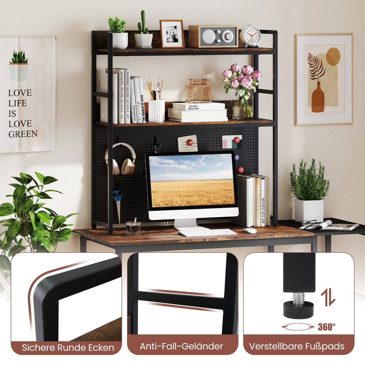 Desktop Shelf with Pegboard, Metal Frame, 2-Tier, 32" Monitor