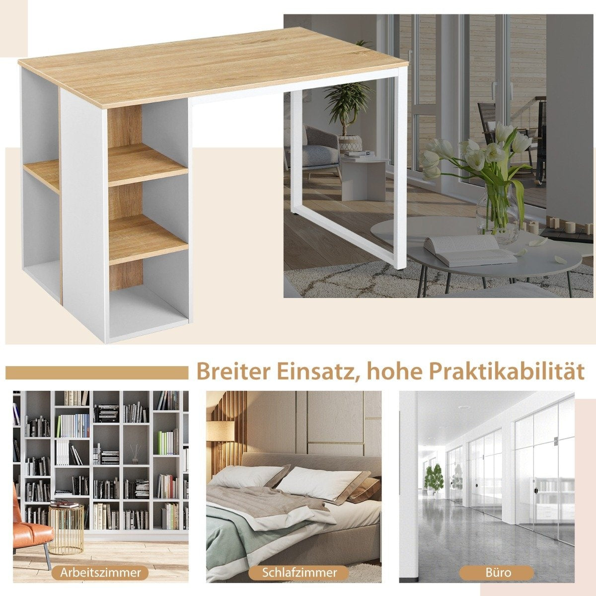 Desk with 5 compartments & metal frame Modern computer desk Work table Natural