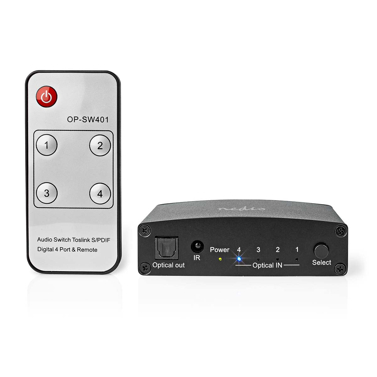 Digital Audio Switch | 4-way | Connection input: DC Current / 4x TosLink | Connection output: TosLink Female | Remote control / Instruction book / Button | Metal | Black