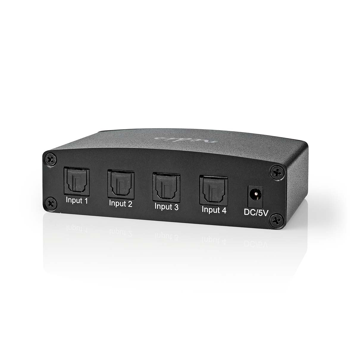Digital Audio Switch | 4-way | Connection input: DC Current / 4x TosLink | Connection output: TosLink Female | Remote control / Instruction book / Button | Metal | Black