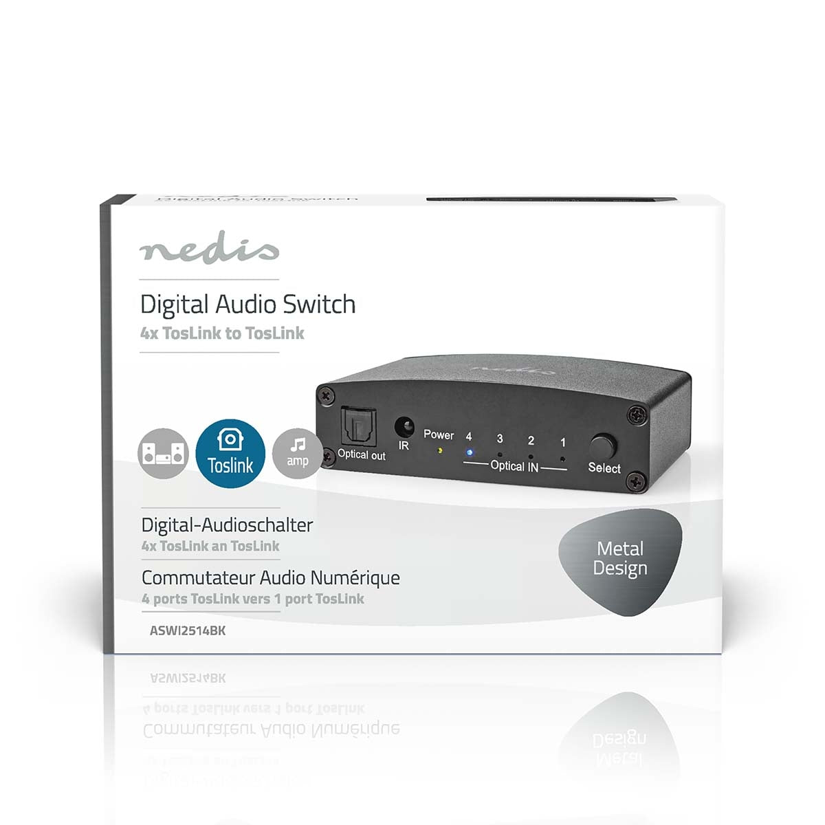 Digital Audio Switch | 4-way | Connection input: DC Current / 4x TosLink | Connection output: TosLink Female | Remote control / Instruction book / Button | Metal | Black