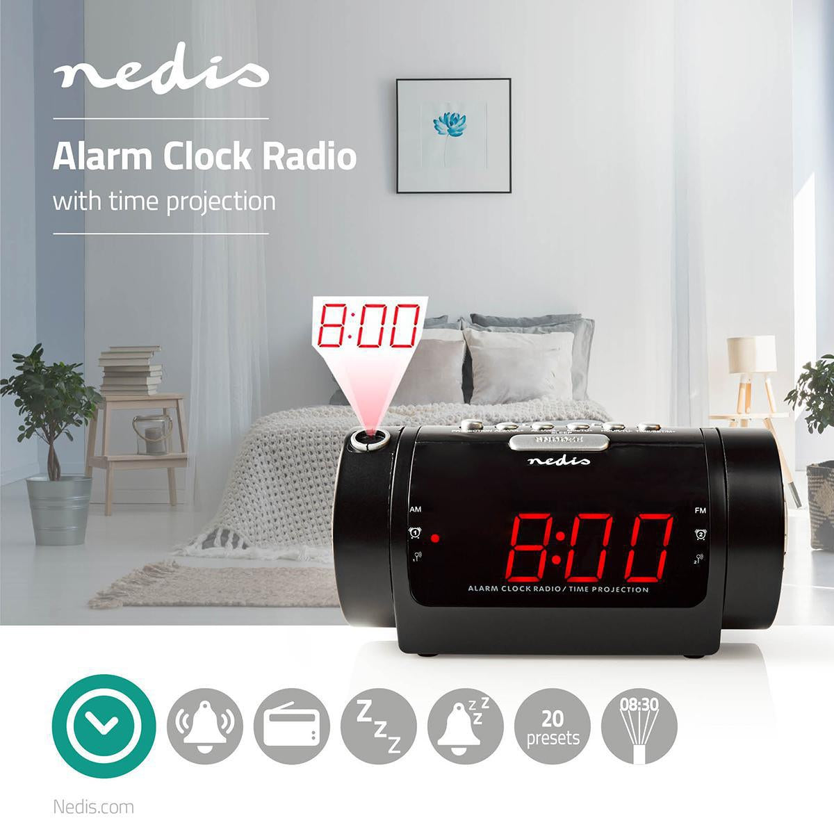Digital Clock Radio | LED Display | Time projection | AM / FM | Snooze function | Sleep timer | Number of alarms: 2 | Black