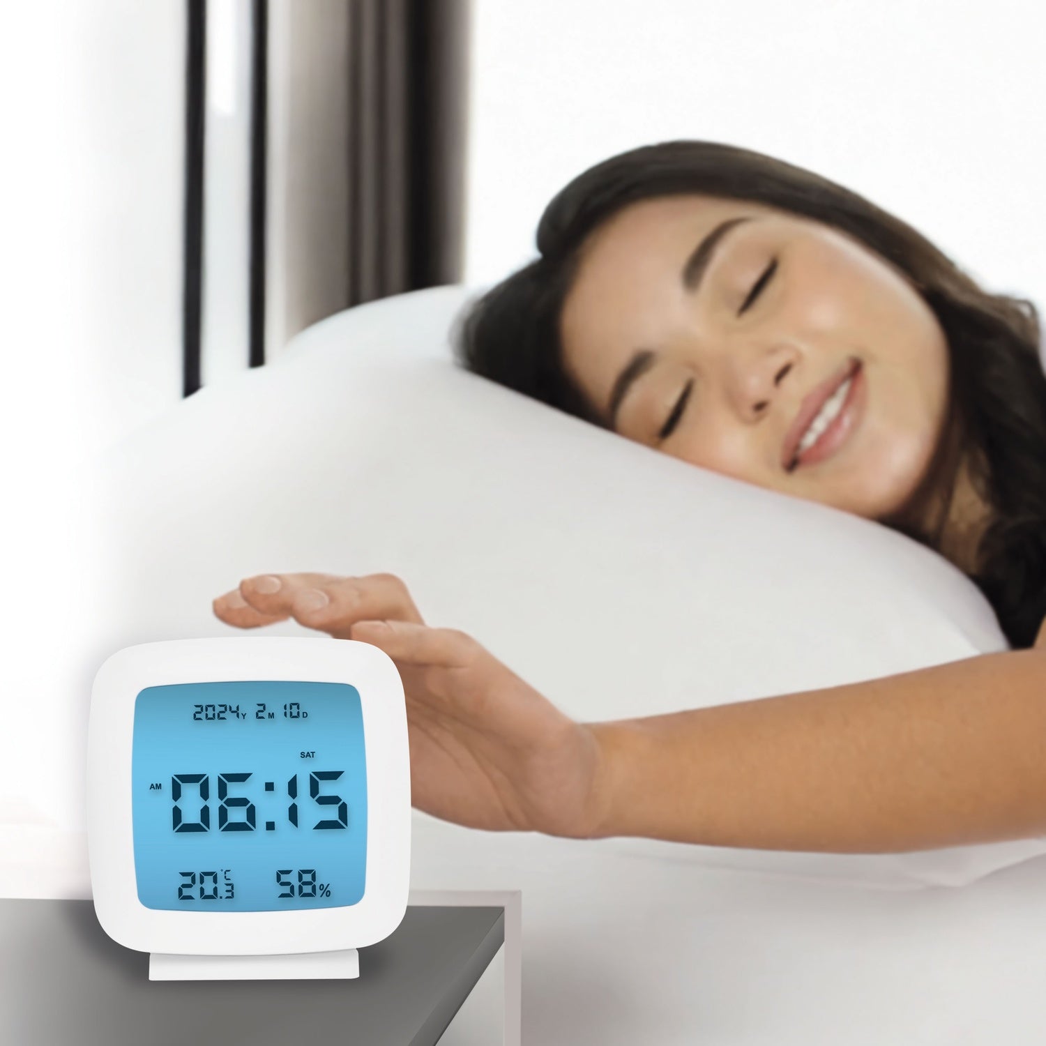 Digital alarm clock with date, temp, humidity