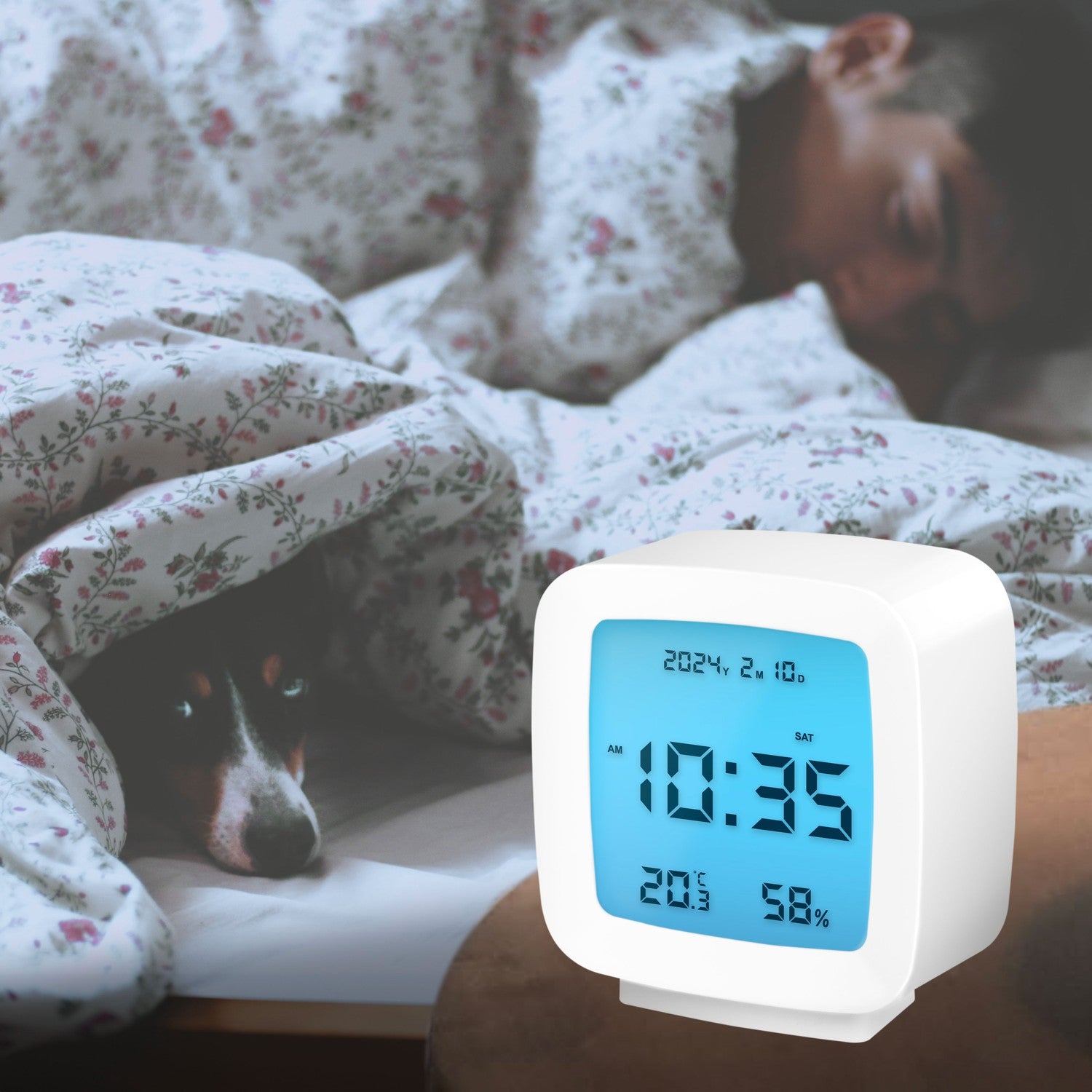Digital alarm clock with date, temp, humidity