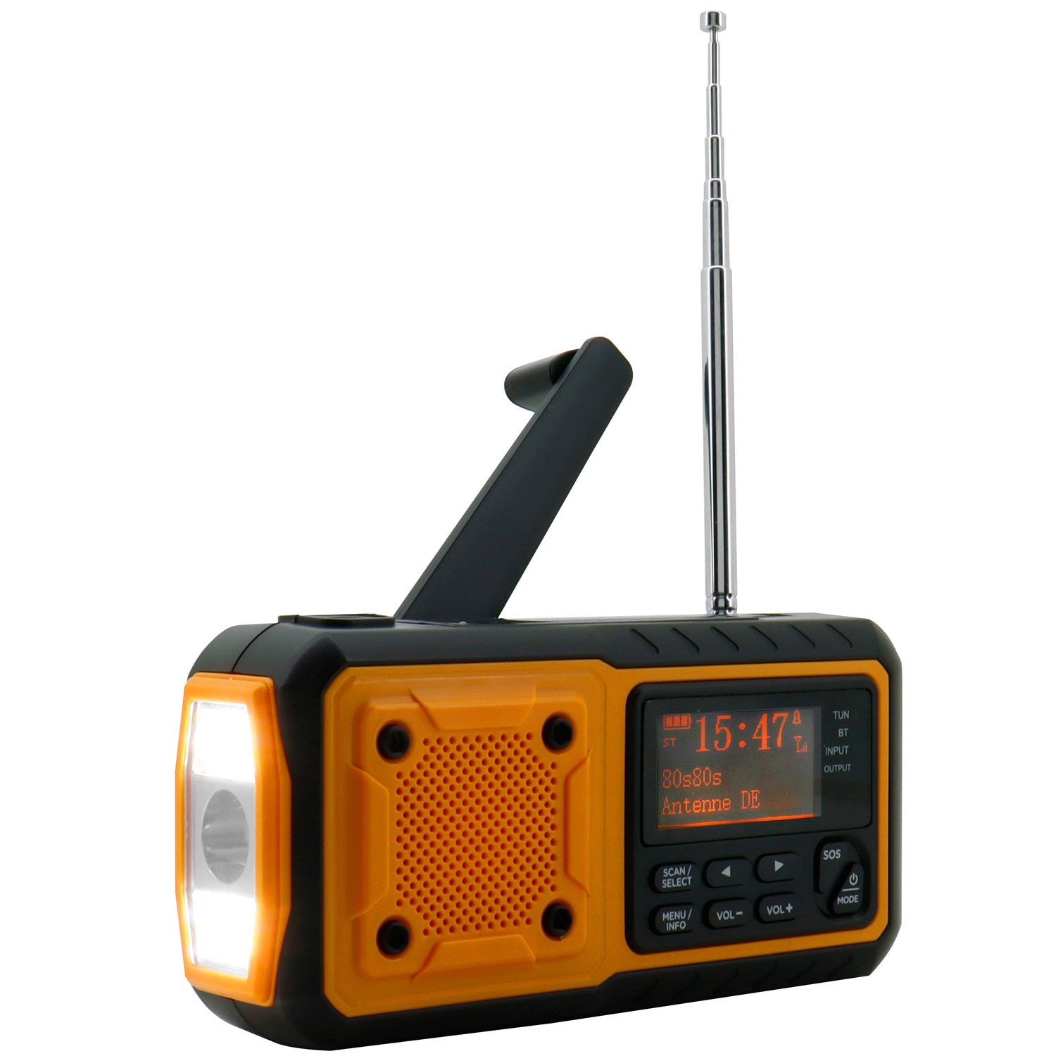 Digital crank radio. LED lamp, solar panel and BT