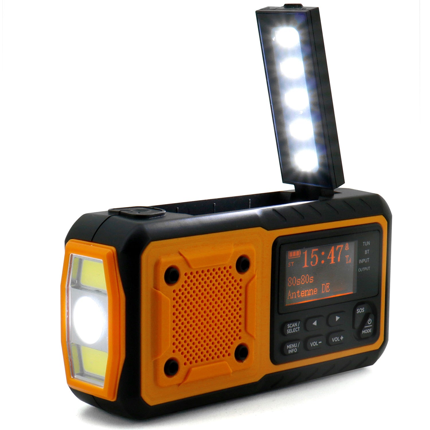 Digital crank radio. LED lamp, solar panel and BT