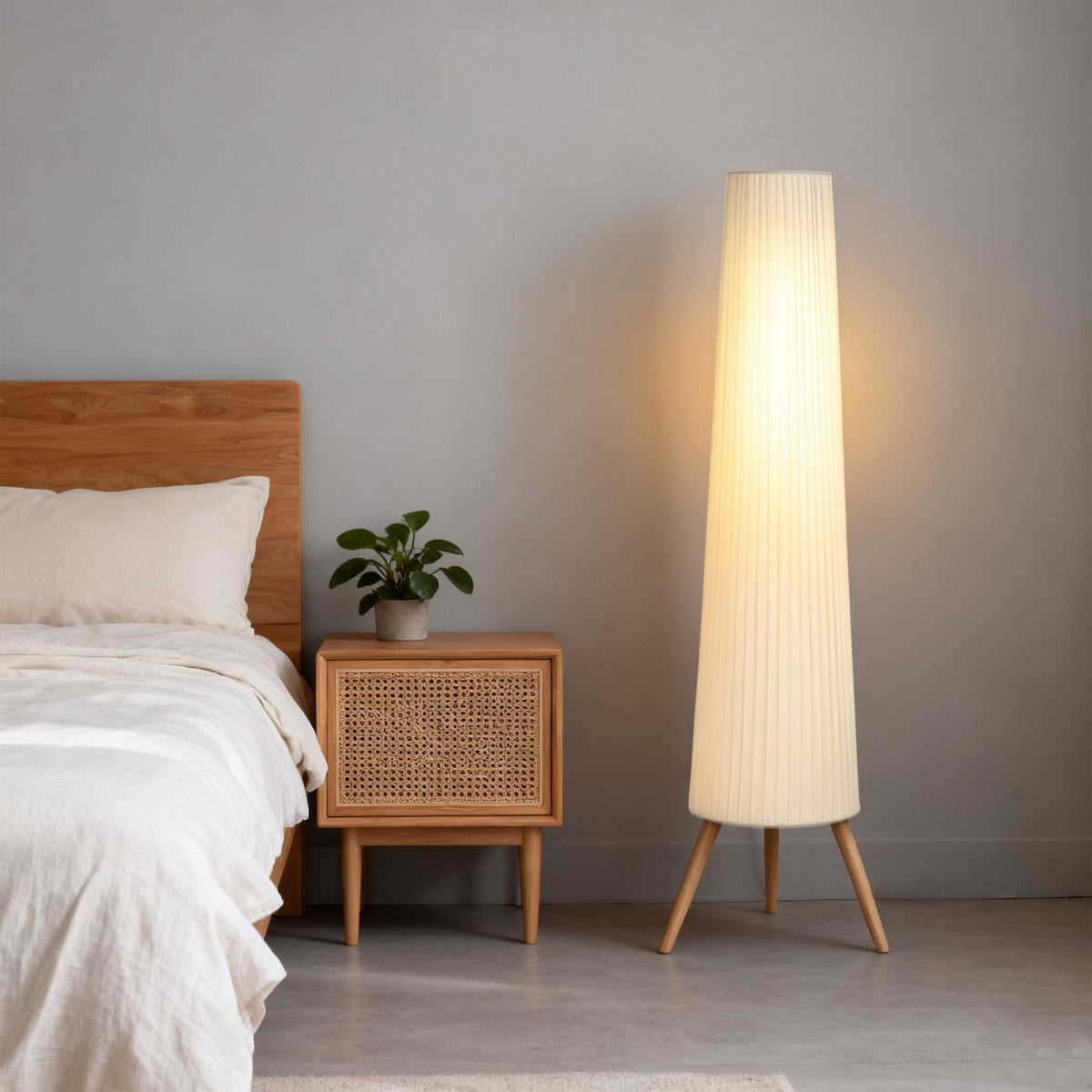 Dimmable LED Floor Lamp, Wood Tripod, Foot Switch, White