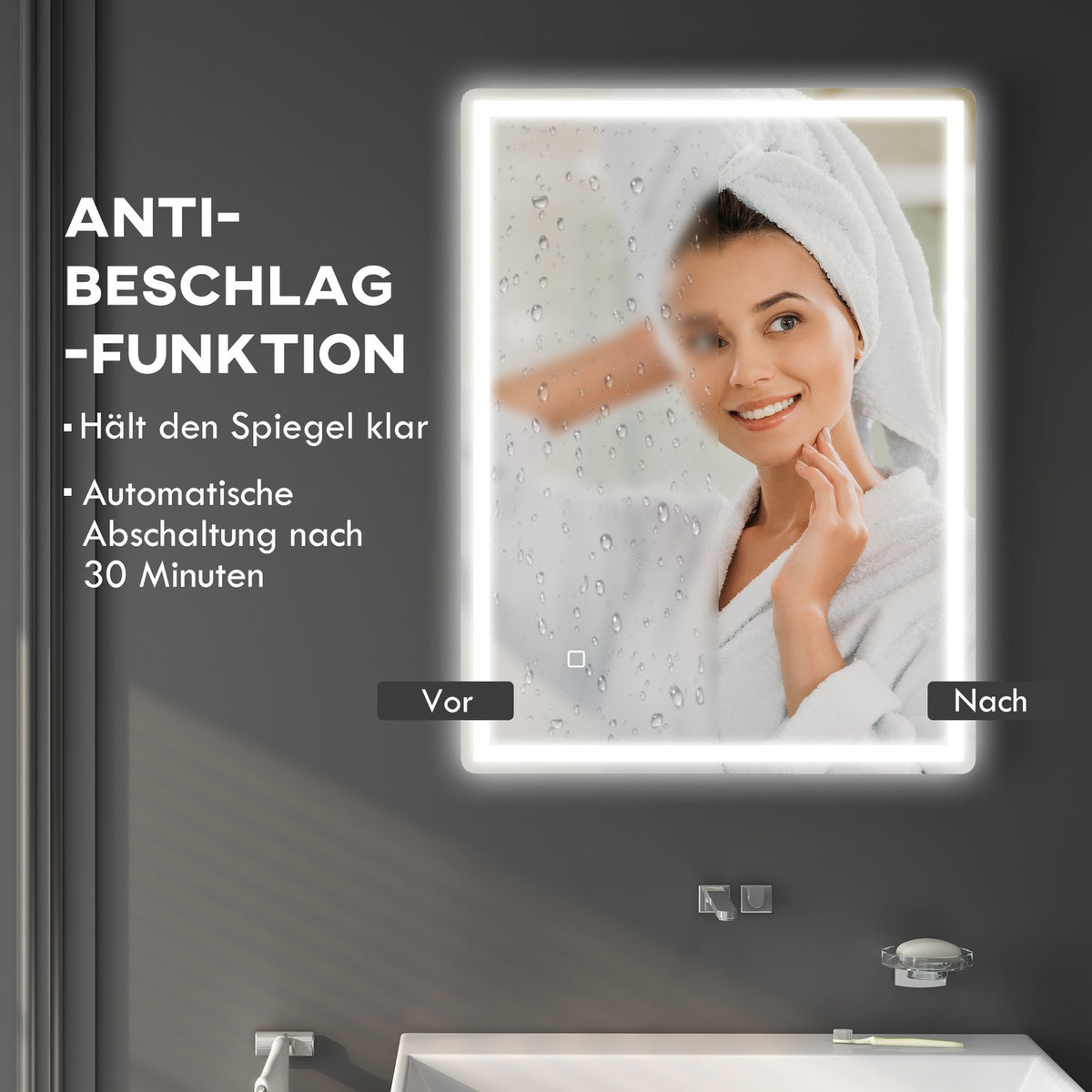 Dimmable Light Mirror Bathroom Mirror 80X60Cm Memory Function Fog-Free