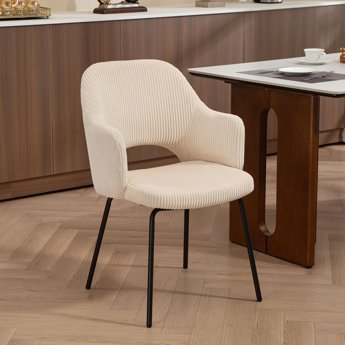 Dining Chair, Cord Upholstery, Shell Shape, Metal Legs, Beige