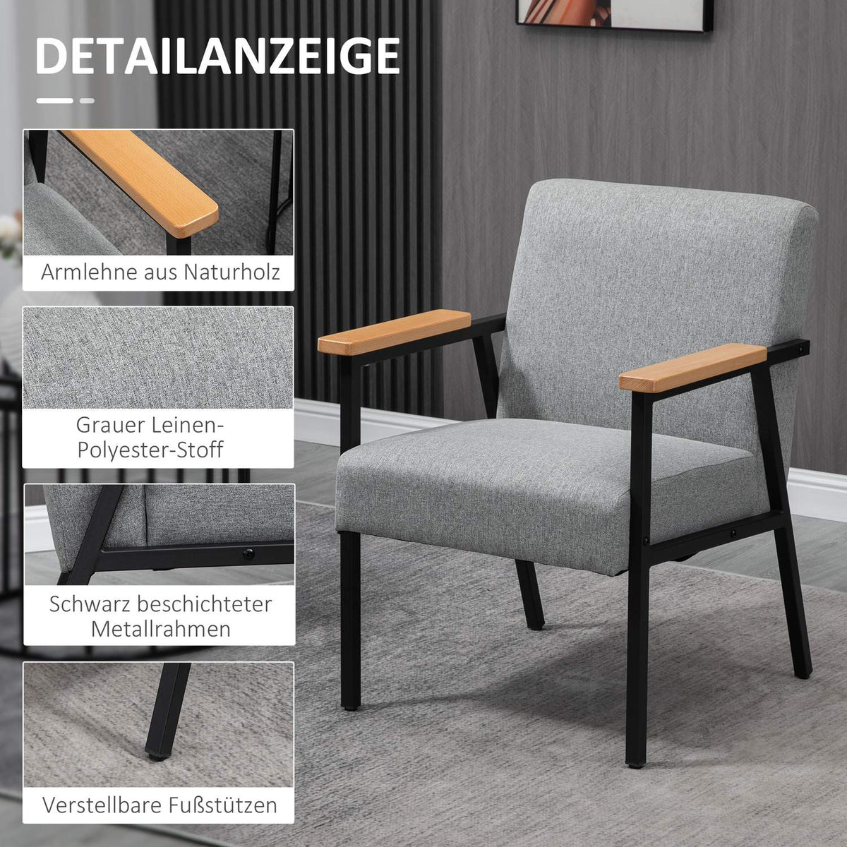 Dining Chair In Linen Look, Relaxation Chair, Wing Chair, Lounge Chair, Gray, 64.5X70X83.5Cm