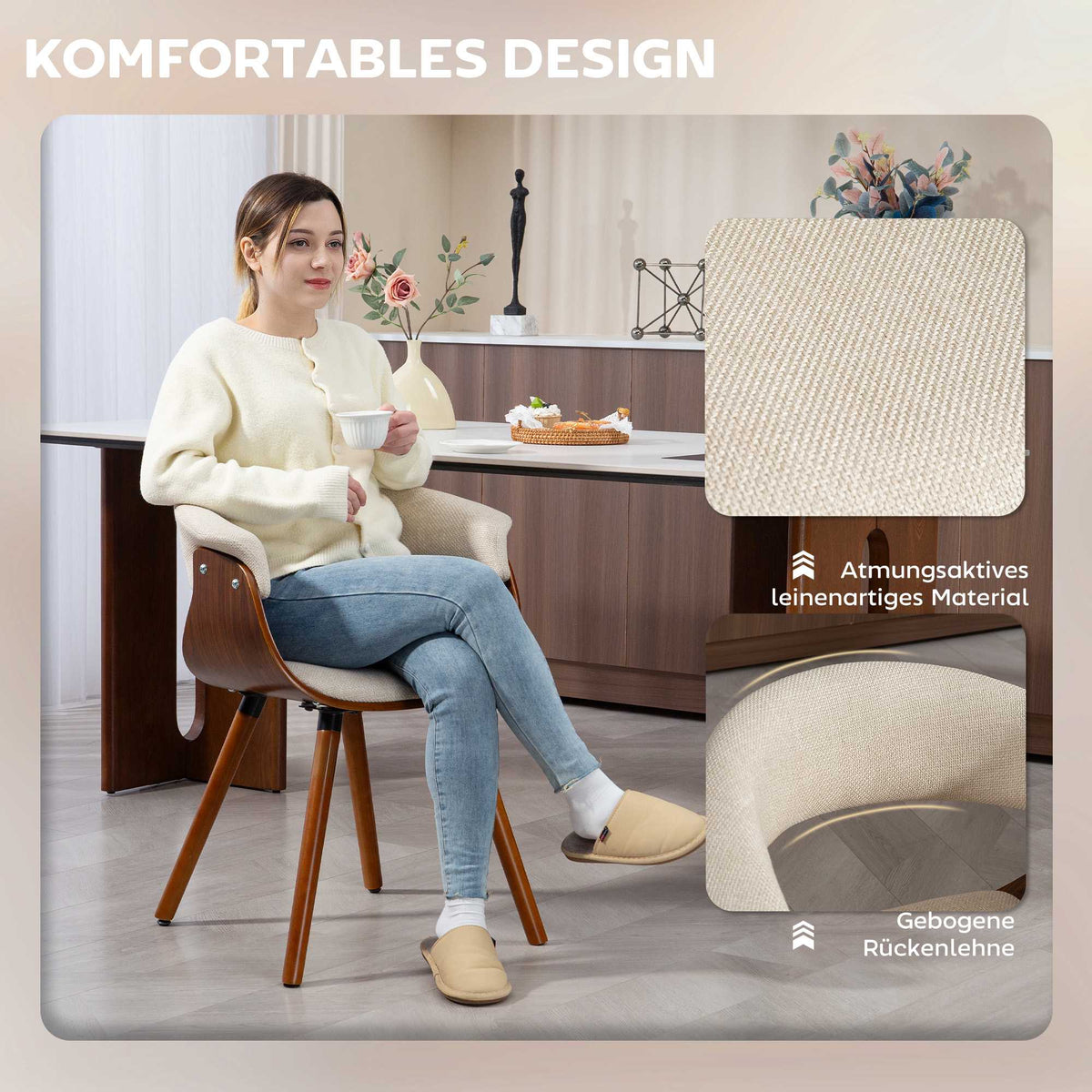 Dining Chair, Linen-Look Fabric, Curved Back, Wood Legs, Beige