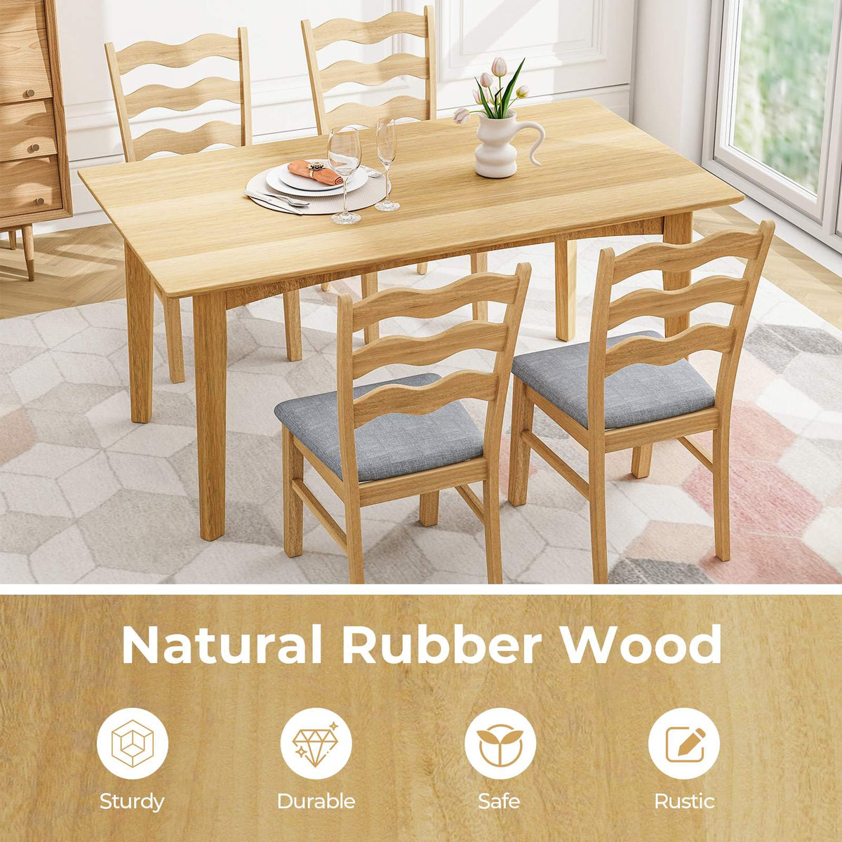Dining Chair Set of 2, Linen Upholstered, Rubberwood Frame