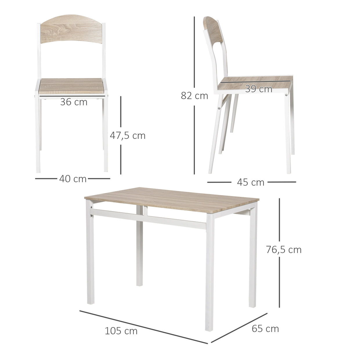 Dining Group 5-Piece Dining Table Set With Wood Grain Mdf + Metal, Gray + White, 1 Table + 4 Chairs