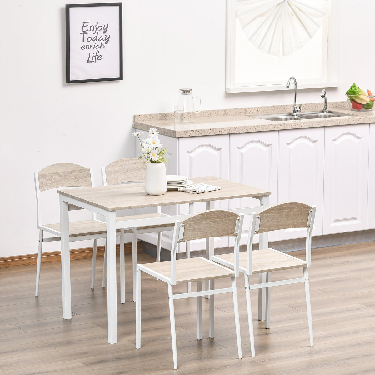 Dining Group 5-Piece Dining Table Set With Wood Grain Mdf + Metal, Gray + White, 1 Table + 4 Chairs