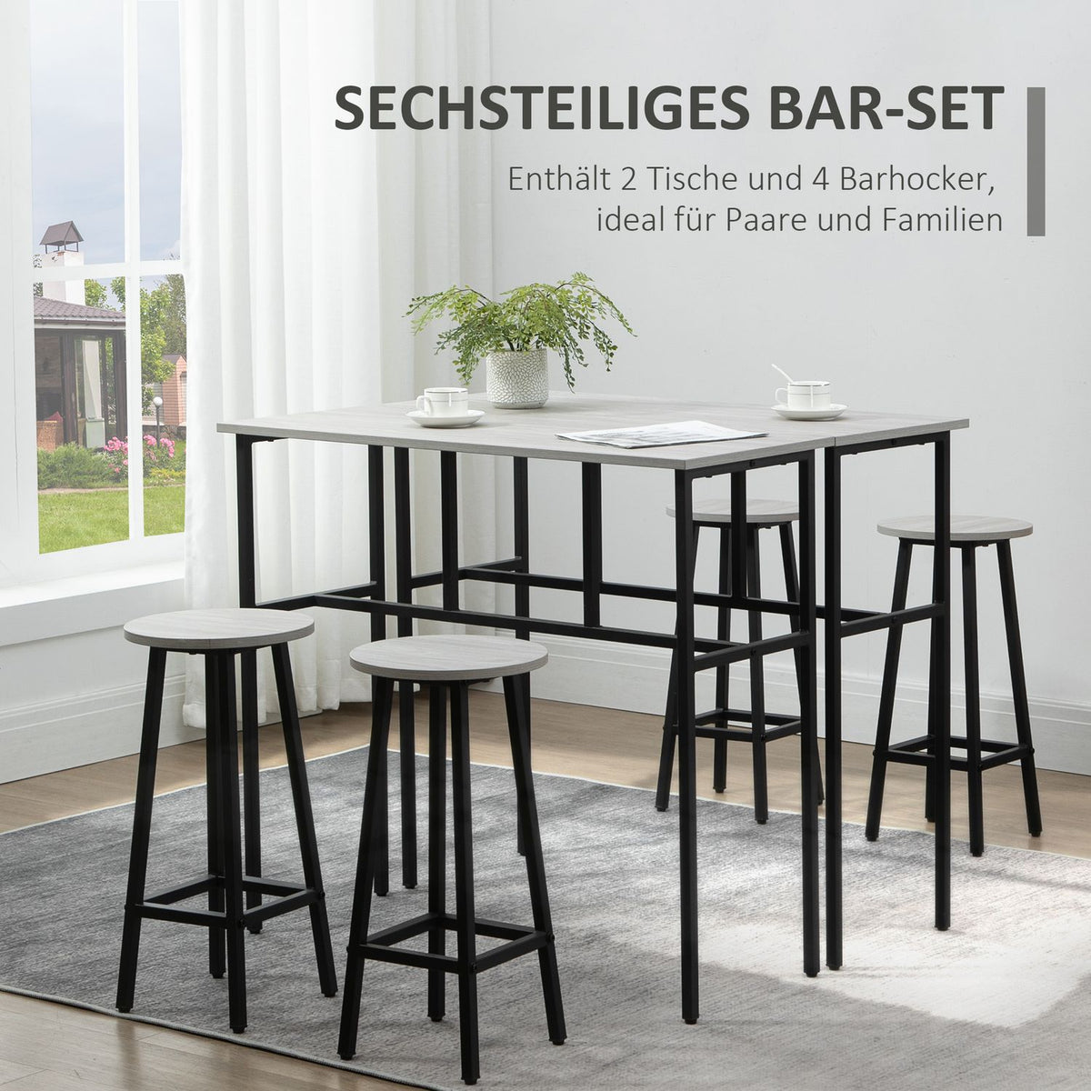 Dining Group 6-Piece Seating Group With 2 Bar Tables And 4 Chairs, Industrial Design, Bar Stool Set, Chipwood/Steel, Gray+Black