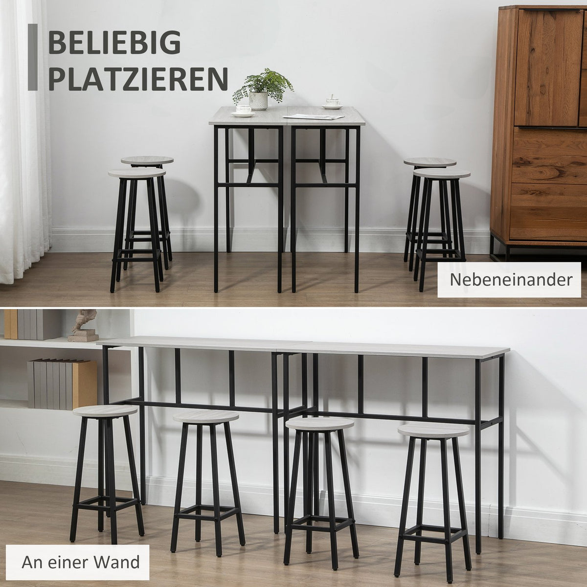 Dining Group 6-Piece Seating Group With 2 Bar Tables And 4 Chairs, Industrial Design, Bar Stool Set, Chipwood/Steel, Gray+Black