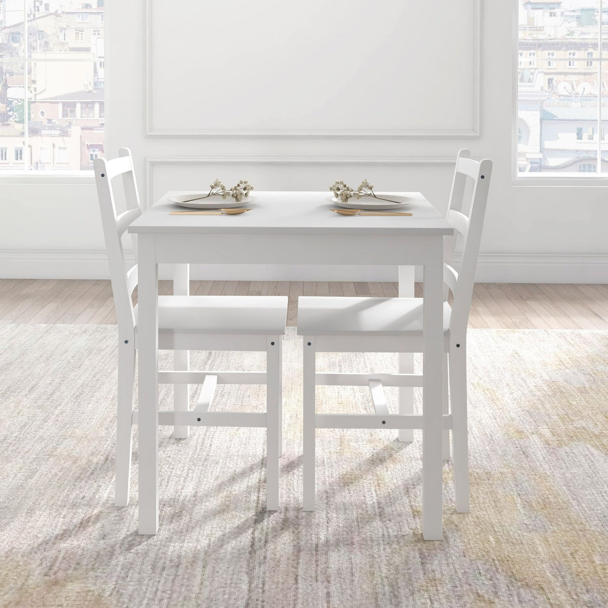 Dining Group Set Of 3, Dining Table With 2 Chairs, Kitchen Table Set For 2 People, Dining Room Group, Table Group For Kitchen, Living Room, Pine Wood, White