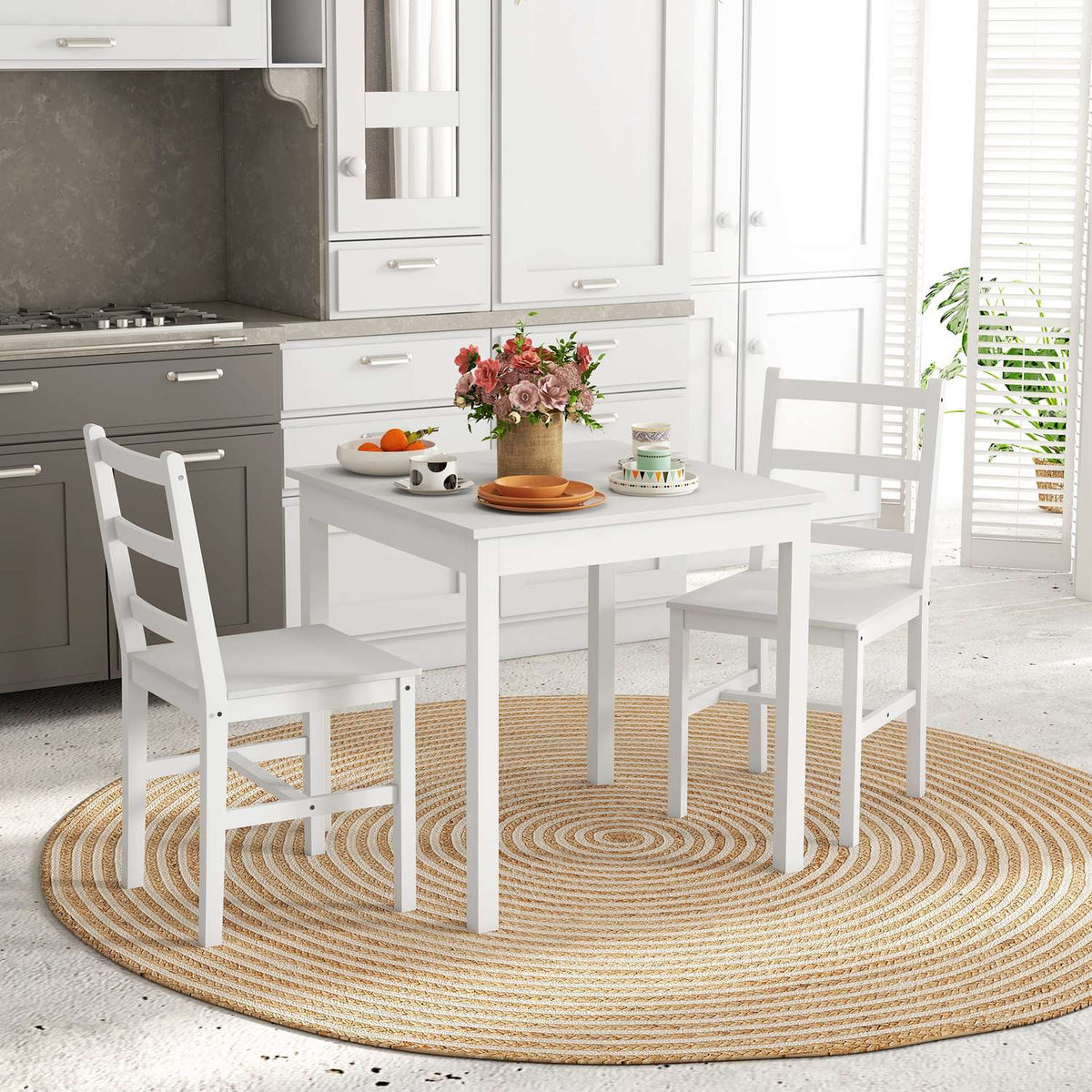 Dining Group Set Of 3, Dining Table With 2 Chairs, Kitchen Table Set For 2 People, Dining Room Group, Table Group For Kitchen, Living Room, Pine Wood, White