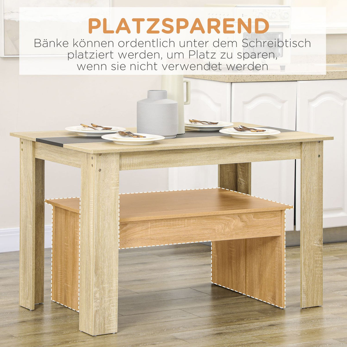 Dining Group Set Of 3 Dining Tables With 2 Benches, Kitchen Table Set For 4 People, Space-Saving, Oak + Black