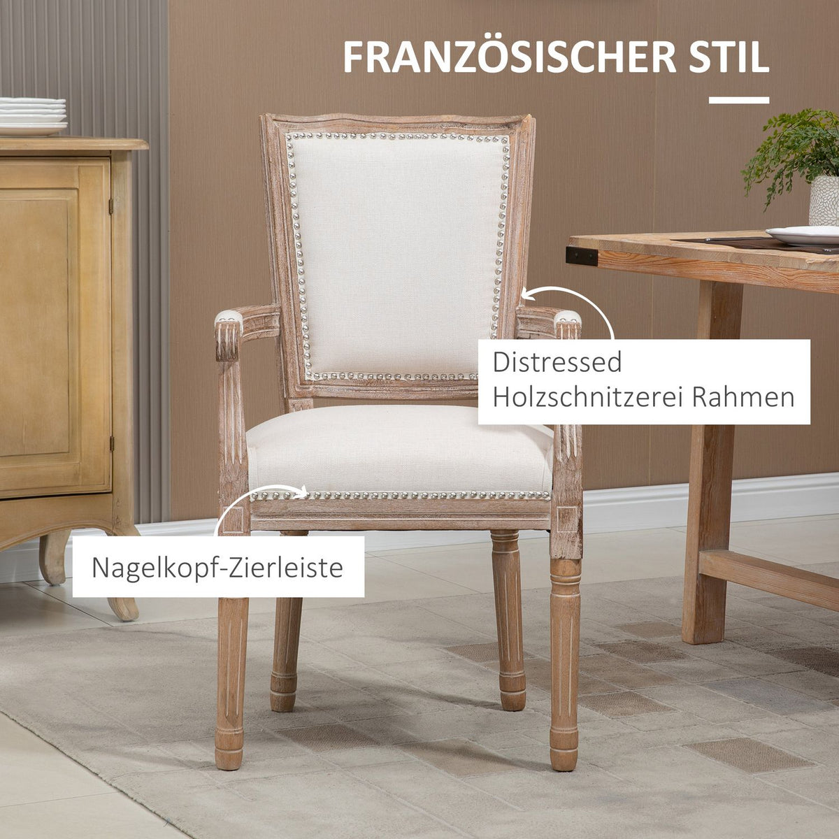Dining Room Chair Kitchen Chair With Armrest And Linen Touch, Upholstered Chair In Vintage Design, Up To 150 Kg, 59X63.5X96Cm