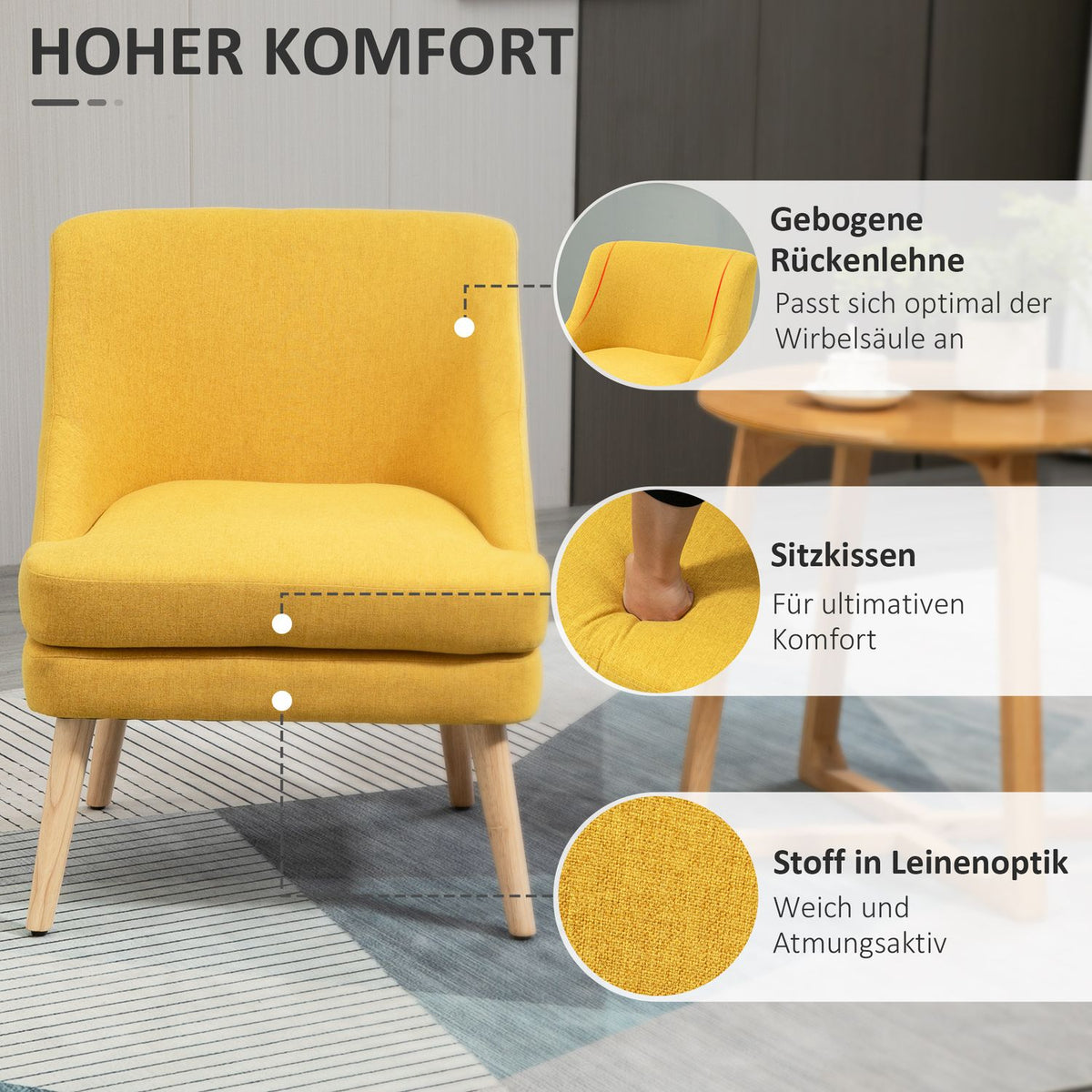 Dining Room Chair Kitchen Chair With Armrest Upholstered Chair Living Room Chair Office Chair For Living Room Bedroom Linen Touch Wood Yellow