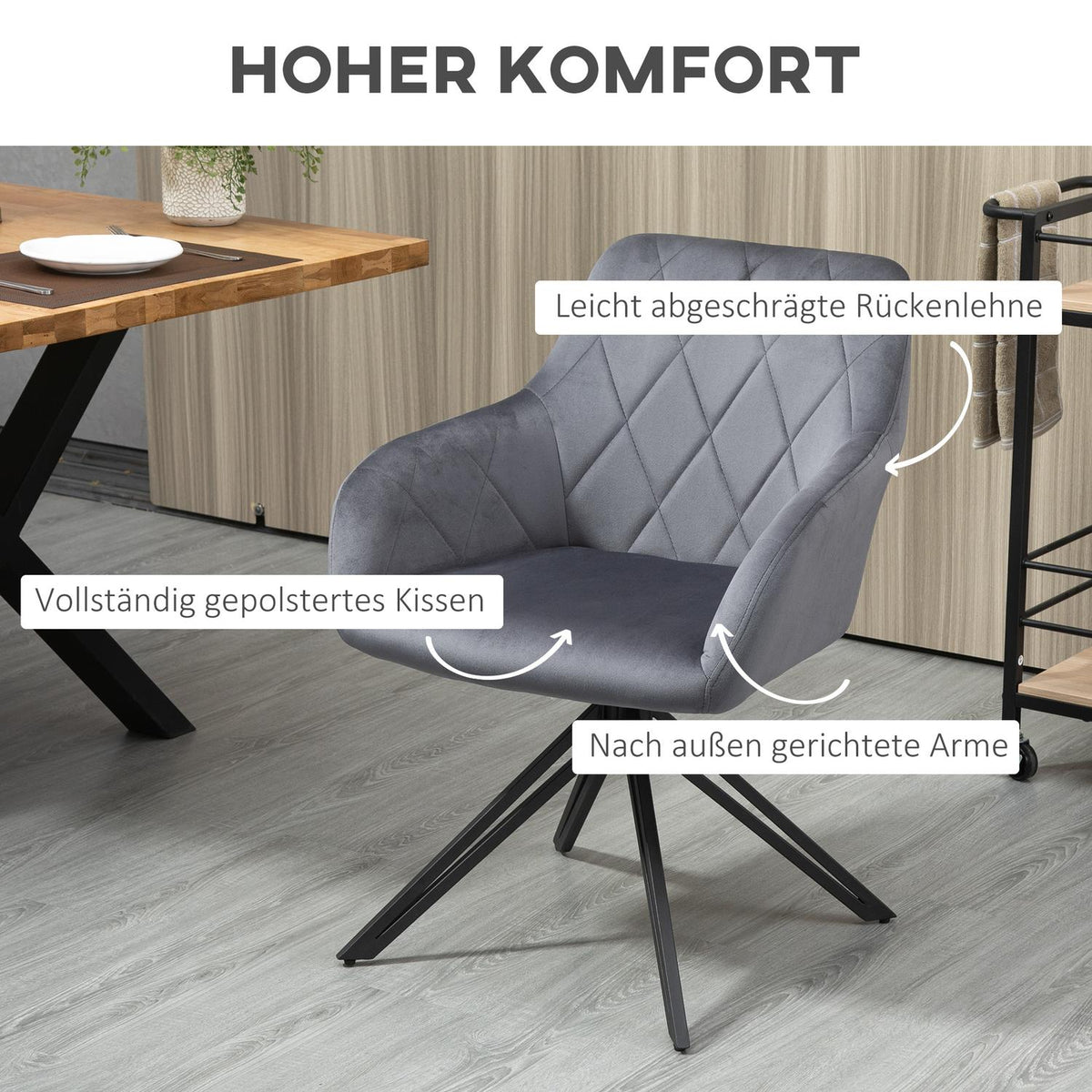 Dining Room Chair Upholstered Chair With Armrest Kitchen Chair Living Room Chair Velvet Look Retro Design Steel Gray 58 X 60.5 X 77.5 Cm