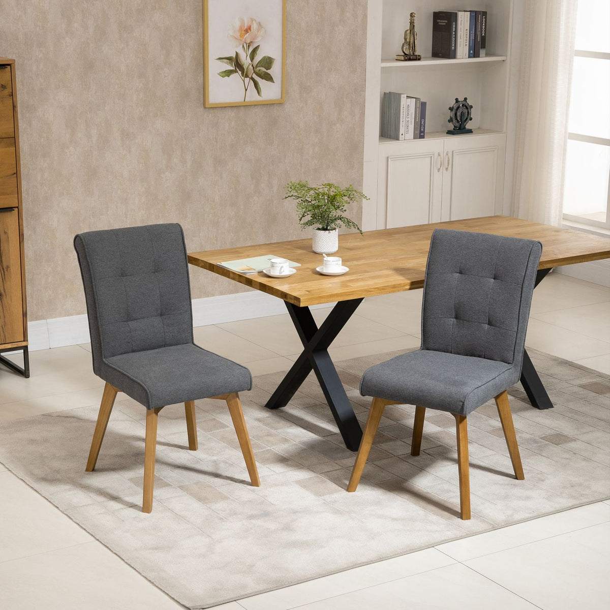 Dining Room Chairs Set Of 2 Chairs With Backrest, Linen-Polyester Fabric, Foam, Rubber Wood, Gray, 45X61.5X94Cm