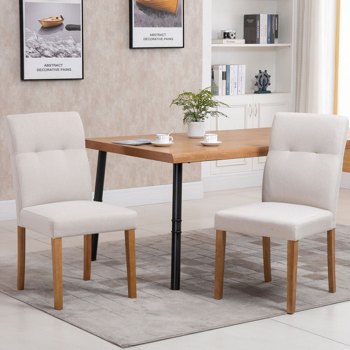 Dining Room Chairs Set Of 2 Chairs With Padded Seat, Linen-Polyester Fabric, Rubber Wood, Beige, 50X62X96Cm