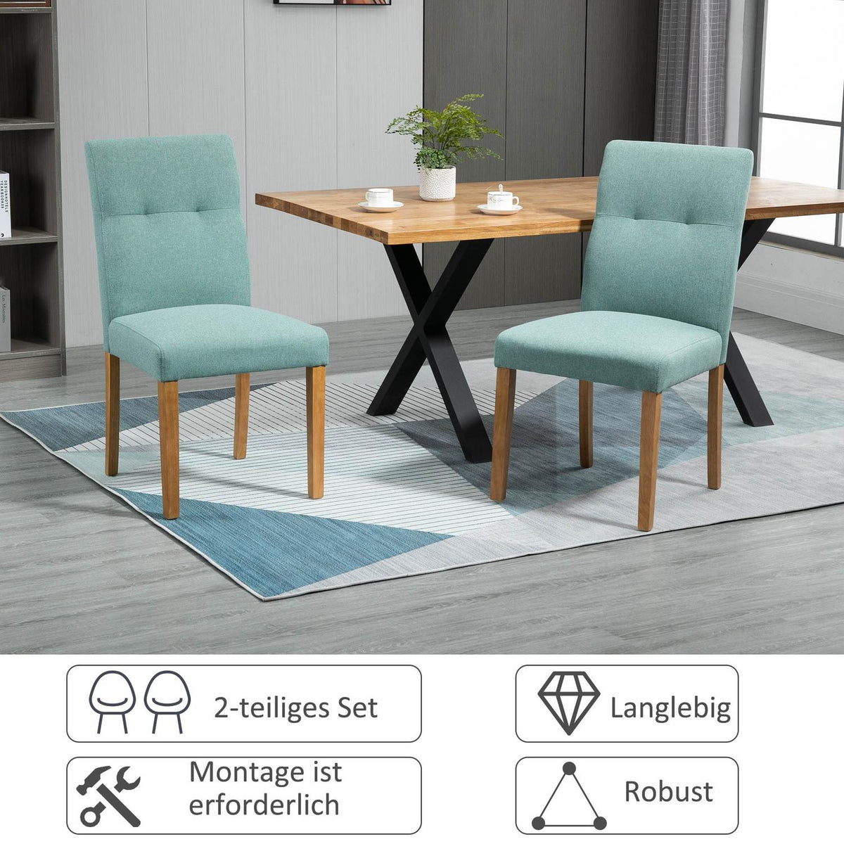Dining Room Chairs Set Of 2 Padded Seat Upholstered Chair Kitchen Chair Linen Polyester Foam Rubber Wood Green