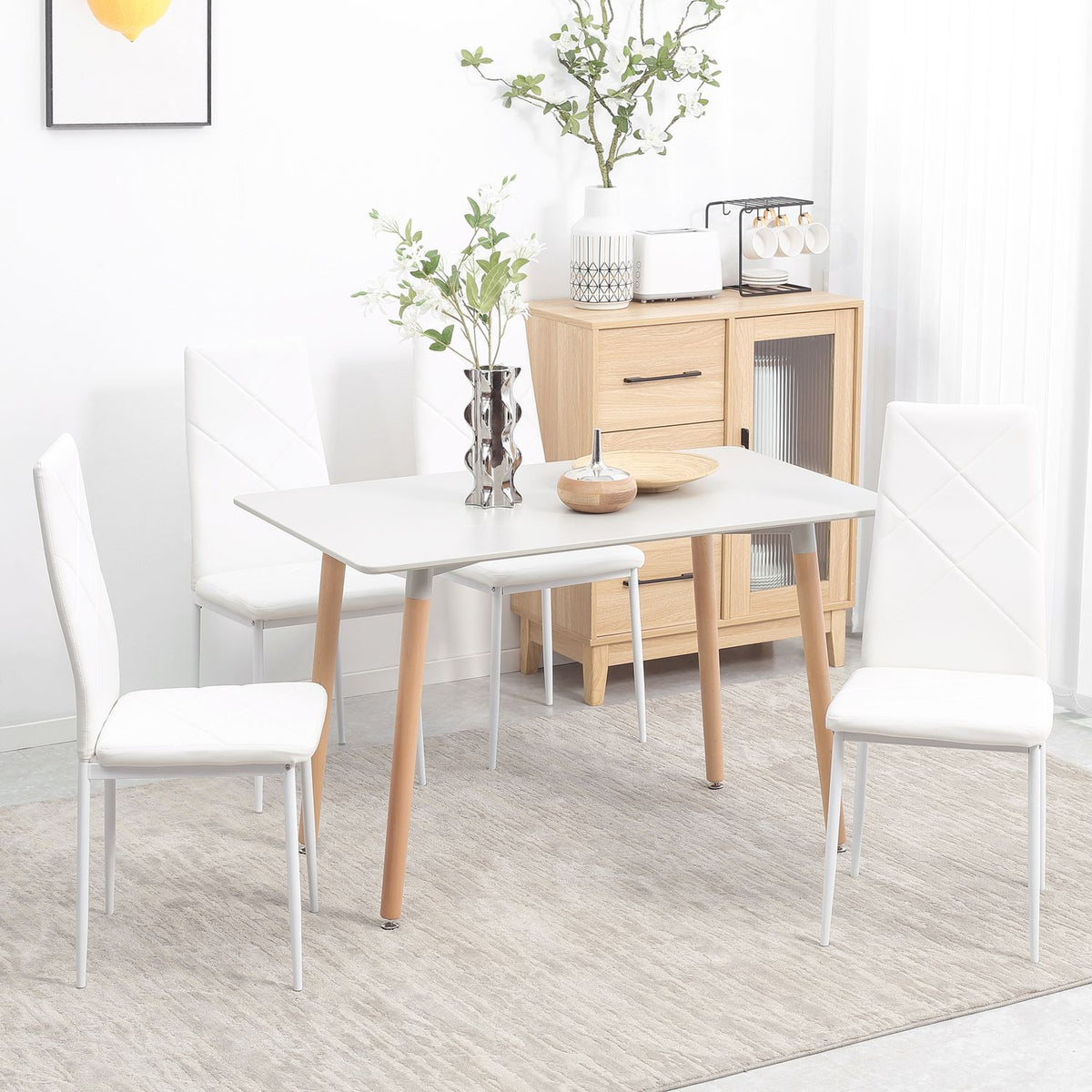 Dining Room Chairs, Set Of 4 Kitchen Chairs, Padded Dining Room Chairs, Dining Chair, Upholstered Chair With Steel Legs, Faux Leather, White