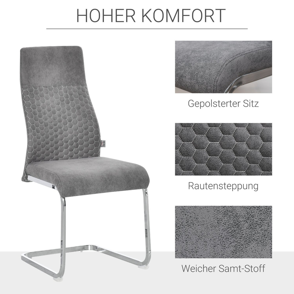 Dining Room Chairs Set Of 4 Kitchen Chairs With Backrest, Velvet Touch, Steel Frame, Gray, 45X61X98Cm
