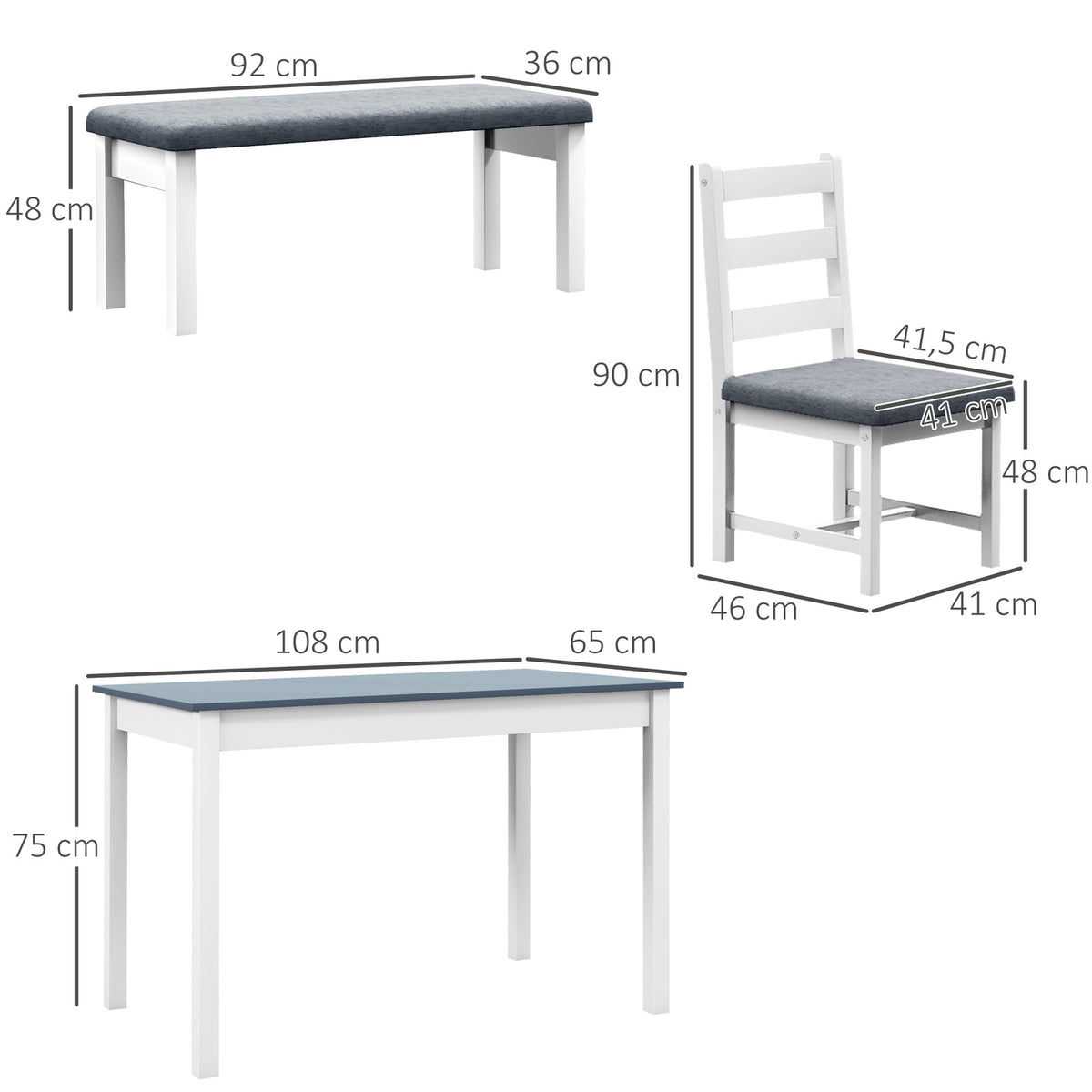 Dining Set, Dining Table With 2 Padded Chairs, Bench, 4-Piece Dining Table Set, Dining Room Group With Linen Look, Pine Wood, Grey, White